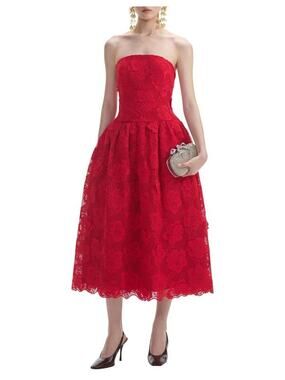 Self Portrait Bandeau Lace Midi Dress in Red US 10